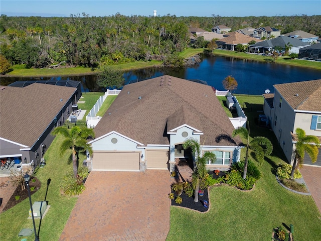 birds eye view of property featuring a water view