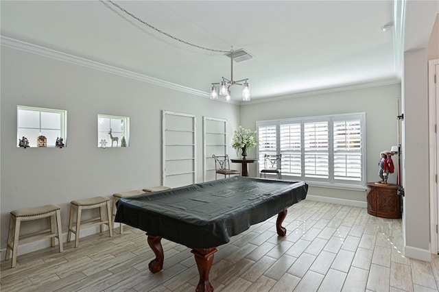 playroom with billiards and crown molding