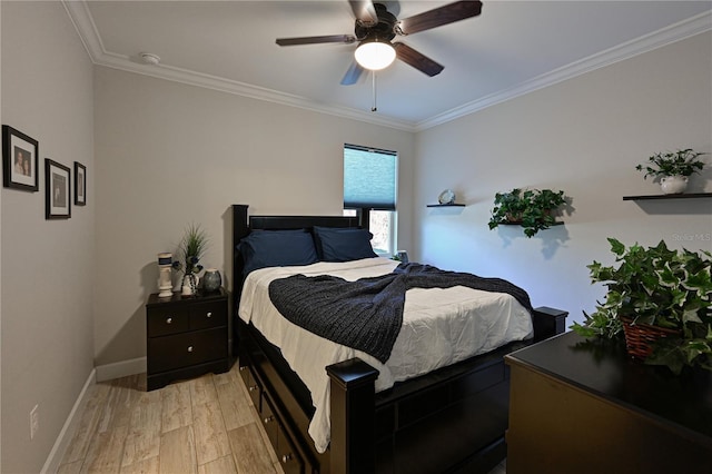 bedroom with ceiling fan, light hardwood / wood-style flooring, and ornamental molding