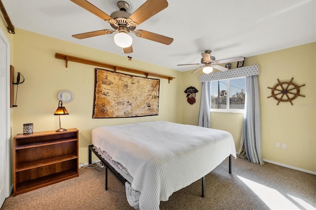 bedroom with light carpet and ceiling fan