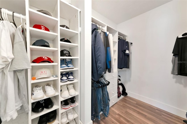 walk in closet with hardwood / wood-style floors