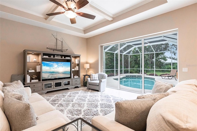 living room with ornamental molding, plenty of natural light, coffered ceiling, and beamed ceiling