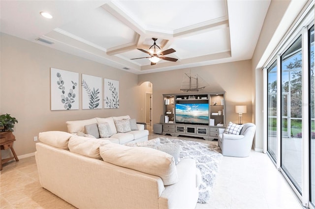 tiled living room featuring beam ceiling, ceiling fan, and coffered ceiling