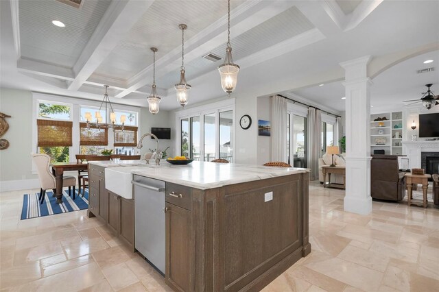 kitchen featuring dishwasher, coffered ceiling, ornate columns, and a sink