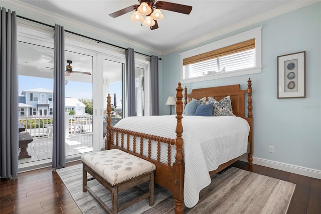 bedroom with baseboards, ceiling fan, access to exterior, hardwood / wood-style flooring, and crown molding