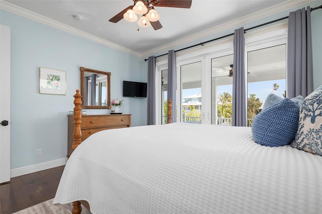 bedroom featuring a ceiling fan, baseboards, ornamental molding, dark wood-type flooring, and access to outside