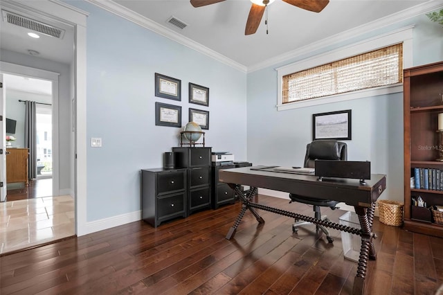 home office featuring visible vents, crown molding, dark wood-type flooring, and baseboards