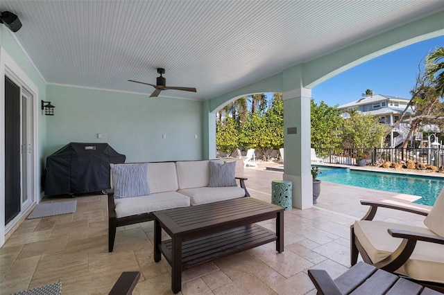 view of patio / terrace with a fenced in pool, a fenced backyard, ceiling fan, outdoor lounge area, and a grill