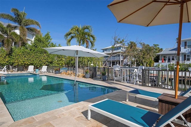 view of pool with a fenced in pool, a patio area, and fence