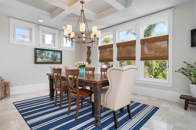 dining room with beamed ceiling, coffered ceiling, recessed lighting, baseboards, and a chandelier