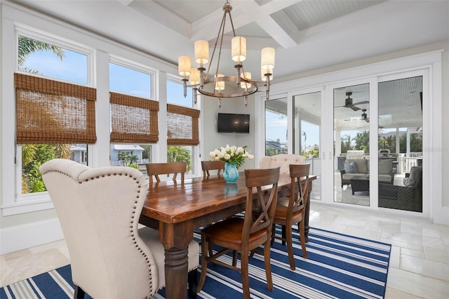 dining room featuring beam ceiling, plenty of natural light, coffered ceiling, and a chandelier