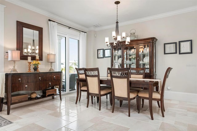 dining area featuring a notable chandelier, visible vents, baseboards, and ornamental molding