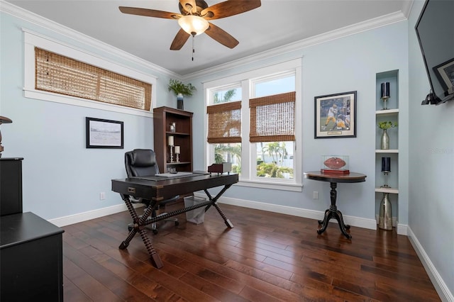 home office with baseboards, a ceiling fan, ornamental molding, and dark wood-style flooring