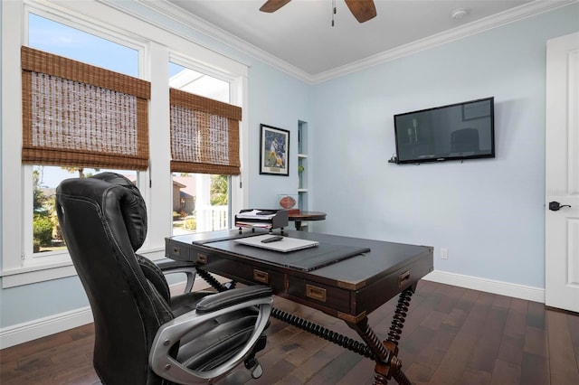 office featuring ceiling fan, baseboards, wood finished floors, and ornamental molding