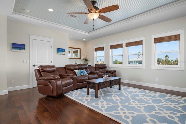 living room with dark wood finished floors, a tray ceiling, and a wealth of natural light