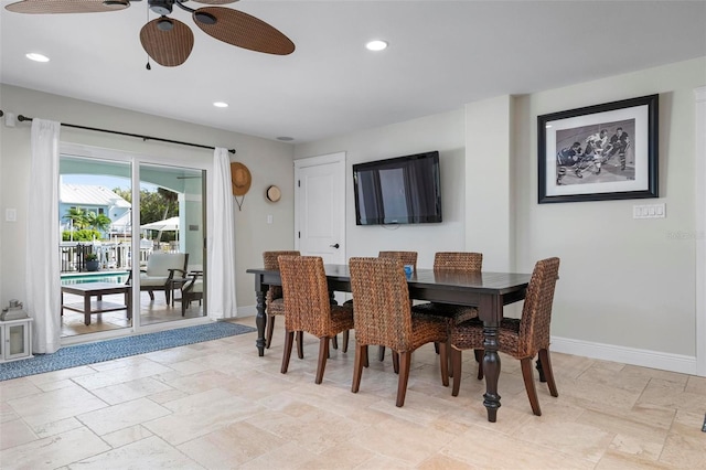 dining area featuring recessed lighting, baseboards, stone tile floors, and ceiling fan