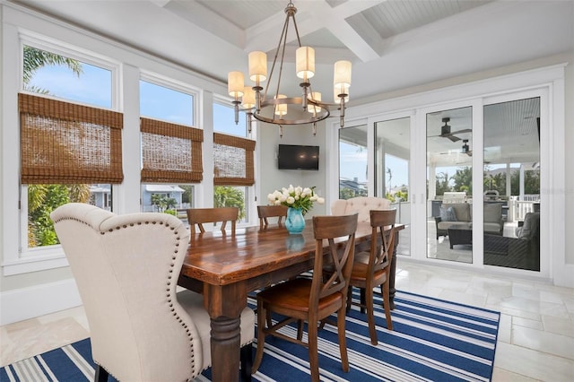 718 Key Royale Dr, Holmes Beach, FL 34217 - dining space featuring coffered ceiling, a chandelier, and beam ceiling