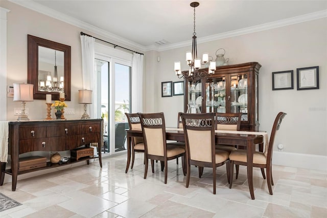 718 Key Royale Dr, Holmes Beach, FL 34217 - dining space with a chandelier, crown molding, and baseboards