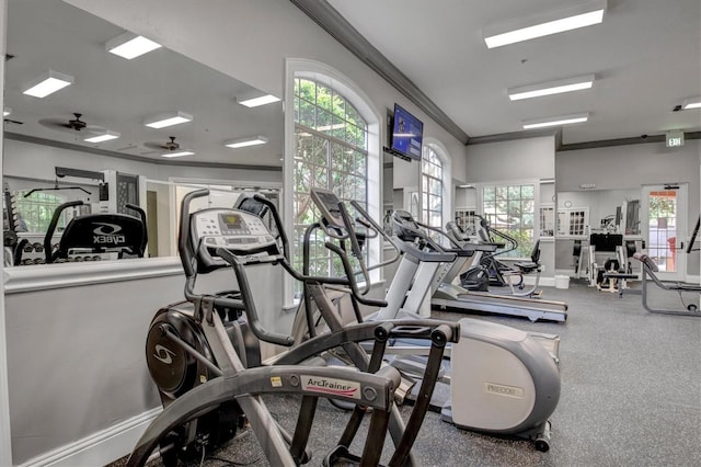 exercise room featuring crown molding, ceiling fan, and plenty of natural light