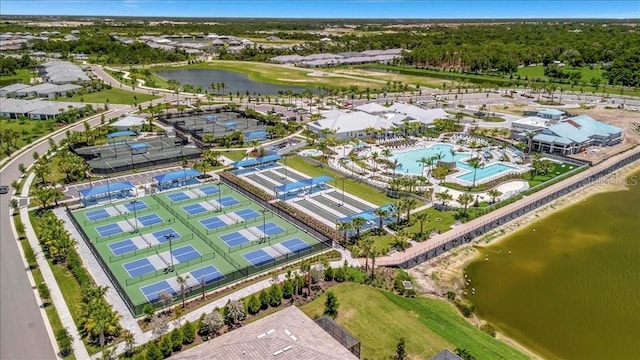 birds eye view of property featuring a water view