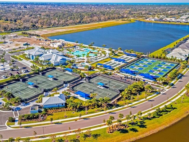 drone / aerial view featuring a water view