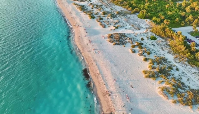 drone / aerial view with a water view and a view of the beach