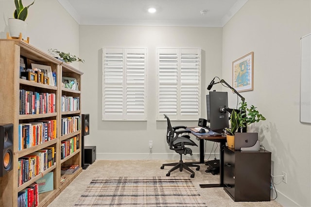 carpeted office space featuring ornamental molding