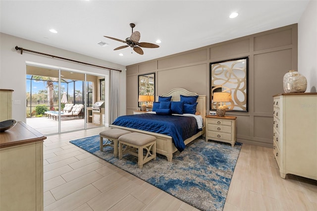 bedroom with access to exterior, ceiling fan, and light wood-type flooring