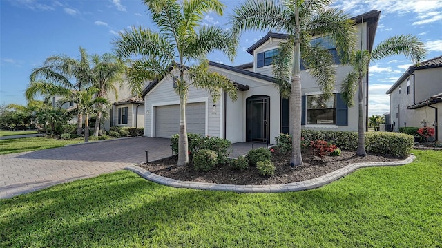 view of front of house featuring a garage and a front lawn