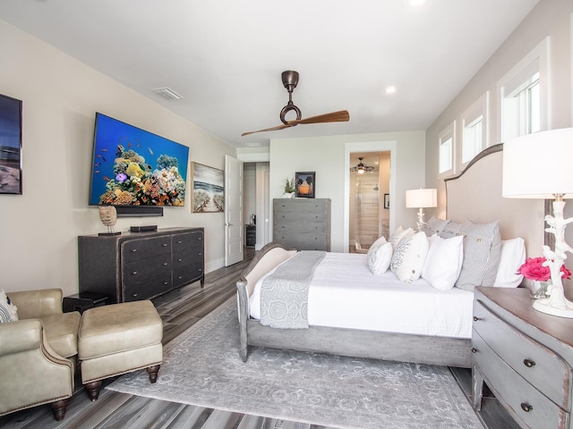 915 N Shore Dr, Anna Maria, FL 34216 - bedroom with ceiling fan, visible vents, wood finished floors, baseboards, and recessed lighting