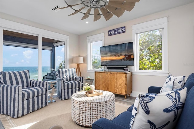 915 N Shore Dr, Anna Maria, FL 34216 - living area featuring a ceiling fan, recessed lighting, and visible vents