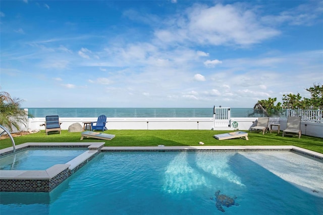 915 N Shore Dr, Anna Maria, FL 34216 - view of pool featuring fence, a water view, a yard, and a pool with connected hot tub