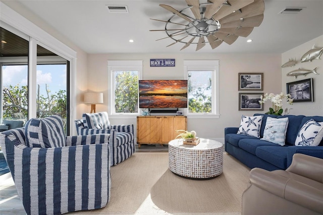 915 N Shore Dr, Anna Maria, FL 34216 - living area with visible vents, a ceiling fan, and recessed lighting
