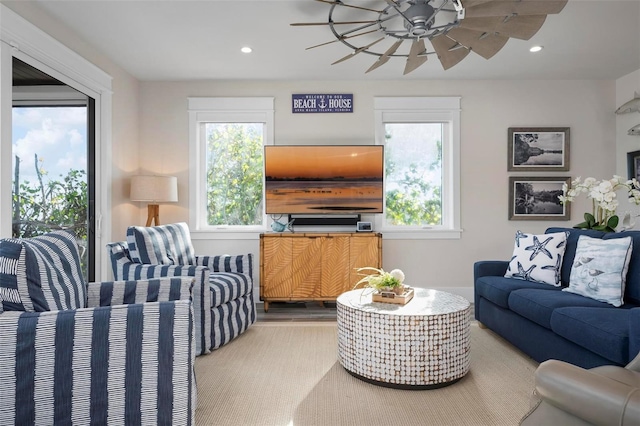 915 N Shore Dr, Anna Maria, FL 34216 - living room featuring recessed lighting, ceiling fan, and a healthy amount of sunlight