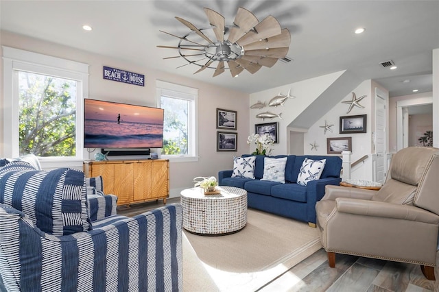 915 N Shore Dr, Anna Maria, FL 34216 - living room featuring recessed lighting, ceiling fan, visible vents, and wood finished floors