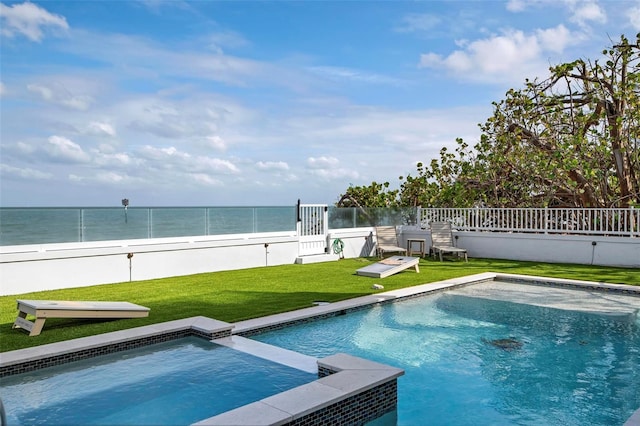 915 N Shore Dr, Anna Maria, FL 34216 - view of pool with a fenced in pool, a fenced backyard, a yard, and a water view