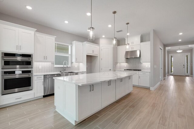 8024 Moonbeam Ave, Sarasota, FL 34241 - kitchen featuring appliances with stainless steel finishes, under cabinet range hood, a sink, tasteful backsplash, and light wood-type flooring