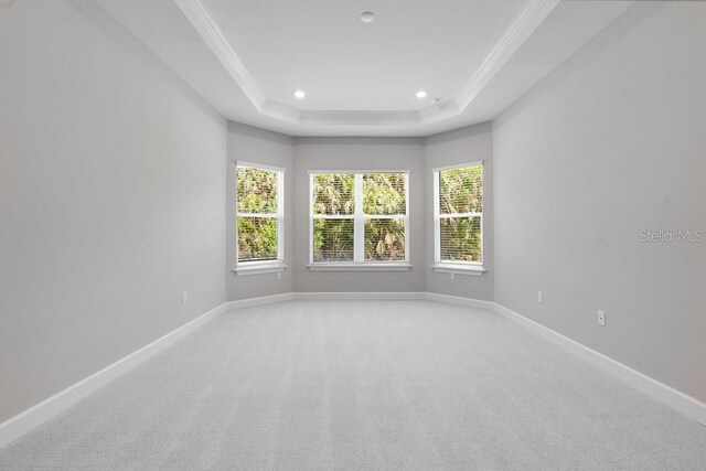 8024 Moonbeam Ave, Sarasota, FL 34241 - empty room with crown molding, a raised ceiling, light colored carpet, baseboards, and recessed lighting