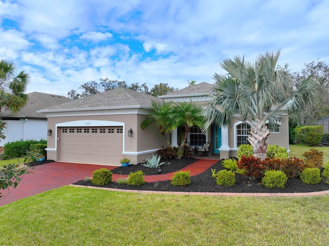 view of front of house with a front yard and a garage