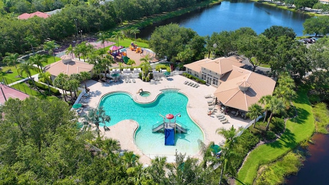 aerial view featuring a water view