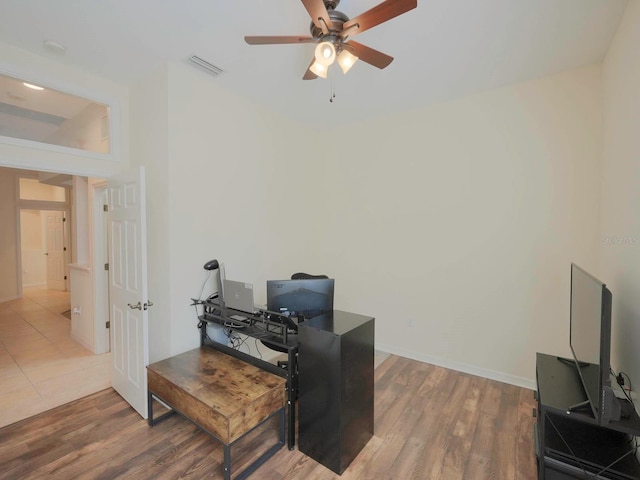 home office featuring ceiling fan and wood-type flooring