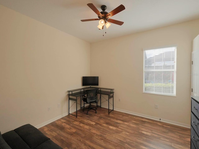 office area featuring ceiling fan and dark hardwood / wood-style flooring