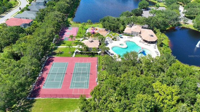 bird's eye view with a water view