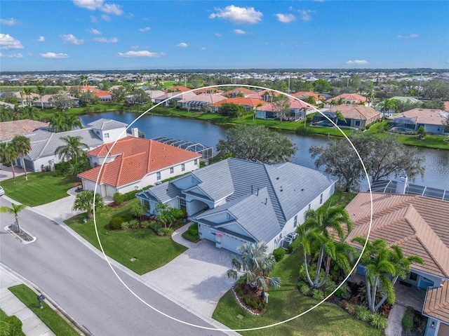 aerial view featuring a water view