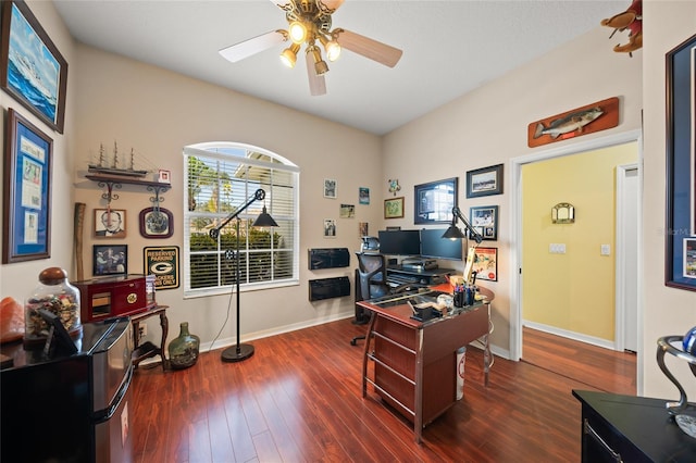 office featuring ceiling fan and dark hardwood / wood-style floors