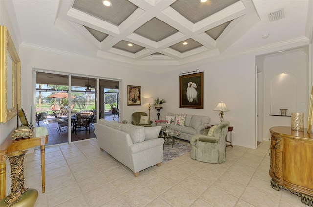 living area with visible vents, coffered ceiling, beamed ceiling, crown molding, and recessed lighting