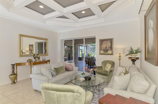 living room featuring ornamental molding, beamed ceiling, and coffered ceiling