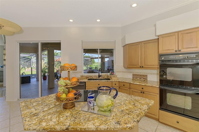 kitchen featuring crown molding, dobule oven black, a sink, and light stone countertops