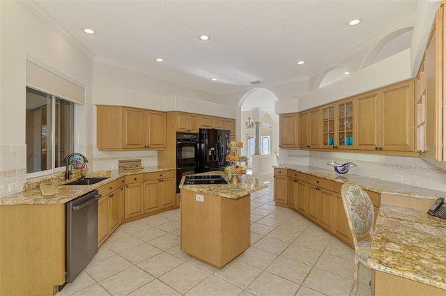 kitchen with arched walkways, light tile patterned flooring, a sink, light stone countertops, and black appliances