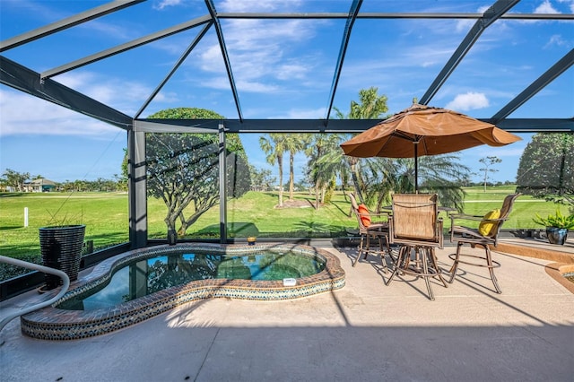 view of patio / terrace with glass enclosure, outdoor dining space, and an in ground hot tub